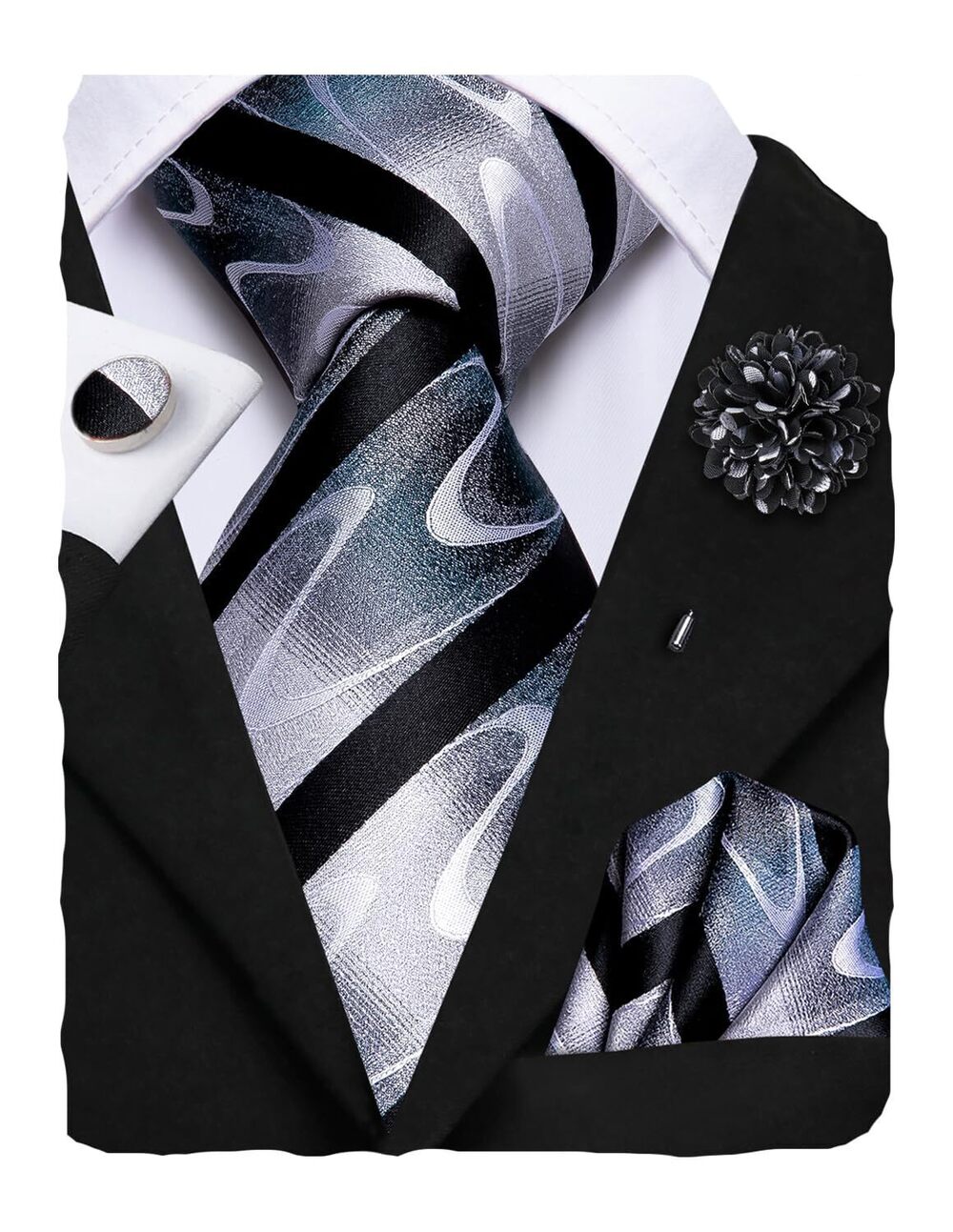 2363 Stripe Black Silver Tie Lapel Pin Set Pocket Square Cufflinks Formal